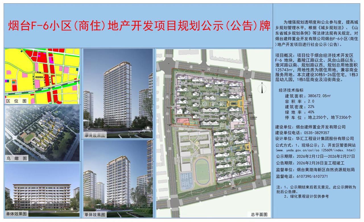 黄渤海新区F-6项目公示。烟台经济技术开发区F-6 地块，嘉陵江路以北、凤台山路