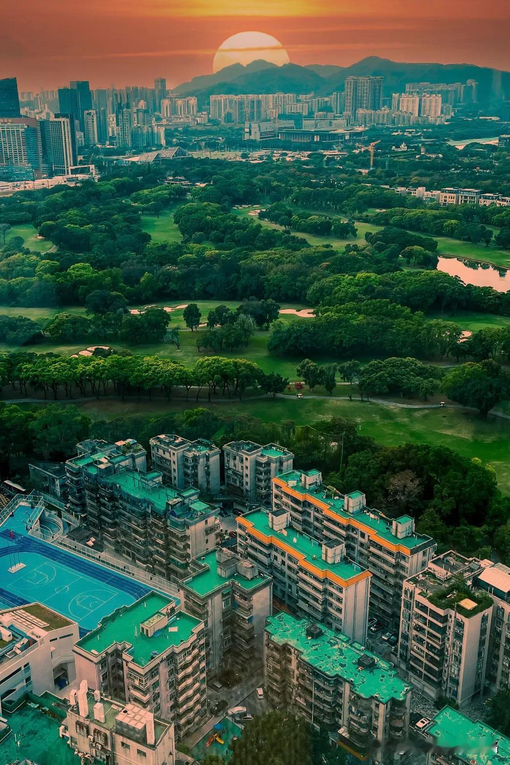 城市与自然交织，黄昏下的宁静绿洲。夕阳西下，余晖为城市的高楼大厦勾勒出金边，也温