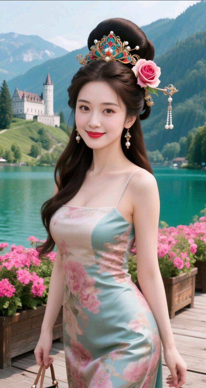 这位女士穿着漂亮的花裙子，站在湖边。你认为勤俭节约算小气吗 花裙度假风 湖边美女