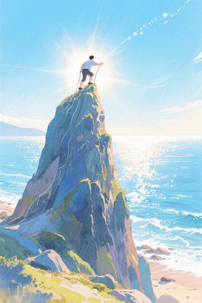 AI随心绘于悬崖之巅，与海浪对望，每一步都是突破，在挑战中寻向自我的远方🎨