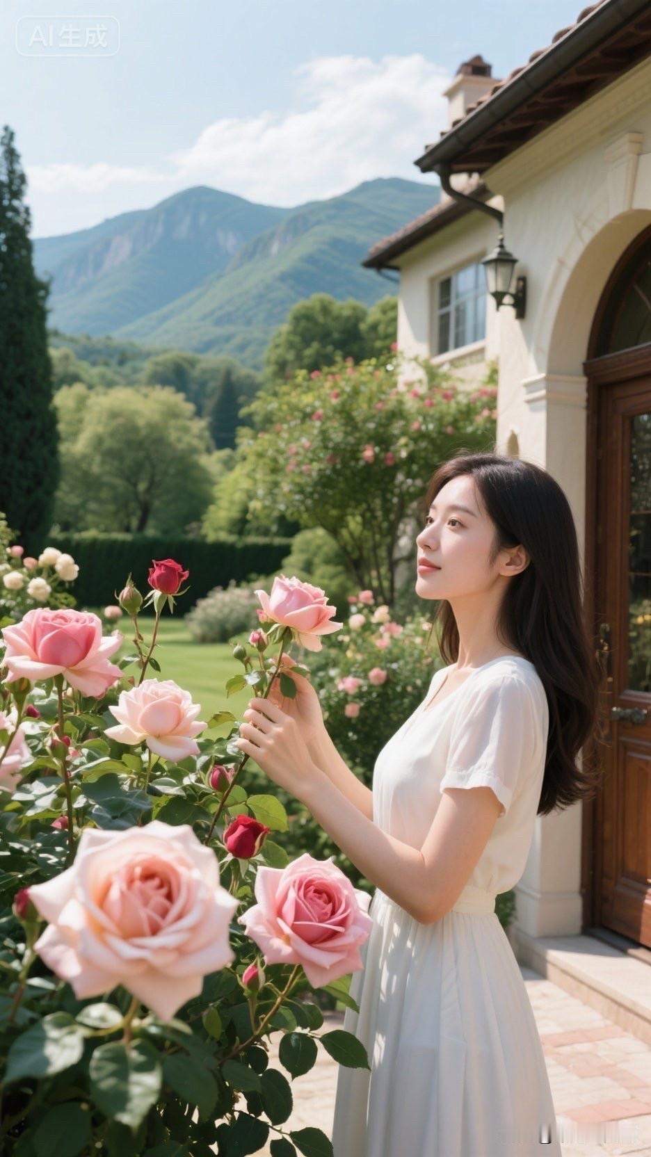 阳光明媚，女孩在花园里赏花。