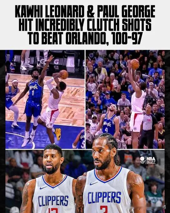 保罗乔治和科怀伦纳德投中关键一球，以 100-97 击败奥兰多魔术队！ 🪣

