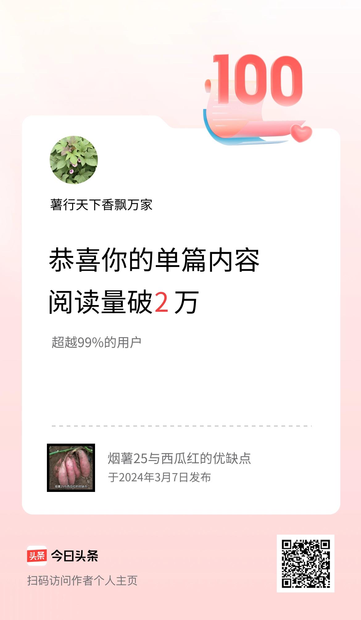 单篇内容获得阅读量破2万啦！