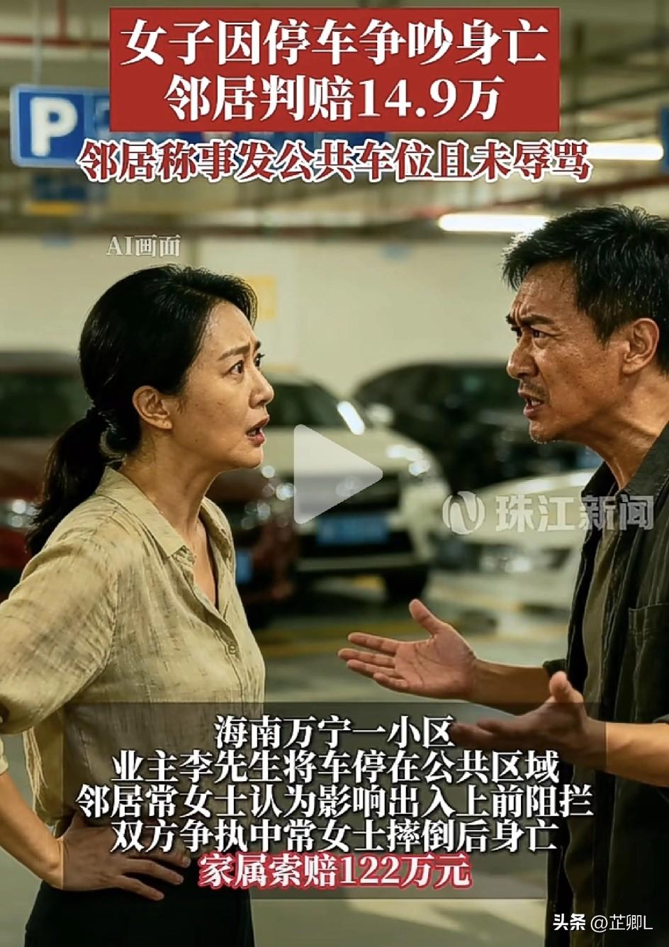海南一女子因停车问题吵架摔倒身亡，家属索赔122万，法院判车主赔14.9万，车主