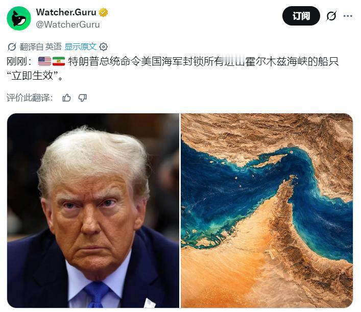 特朗普叫唤：美国海军封锁所有进出霍尔木兹海峡的船只“立即生效”。
网友：那可能是