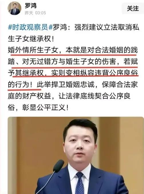 建议取消私生子继承权！罗鸿这话我举双手赞成，但多数人吵错方向了。

大家都在吼孩