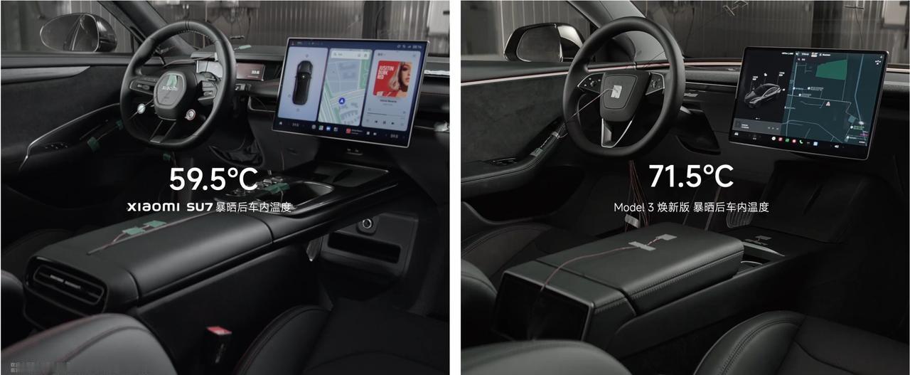小米SU7和特斯拉Model 3焕新版，模拟在38℃的高温下暴晒1.5个小时，小