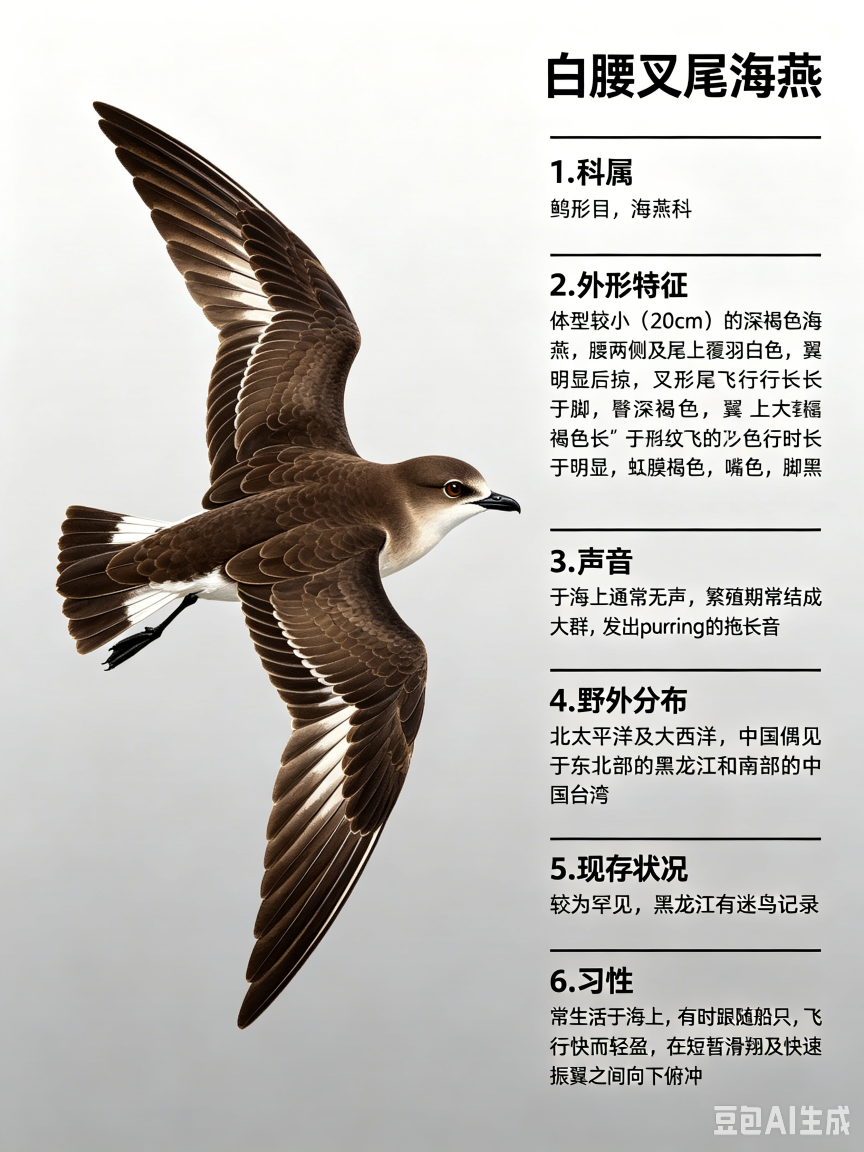 鸟类朋友图鉴 白腰叉尾海燕·科属：鹱形目，海燕科。·外形特征：体型较小（20cm