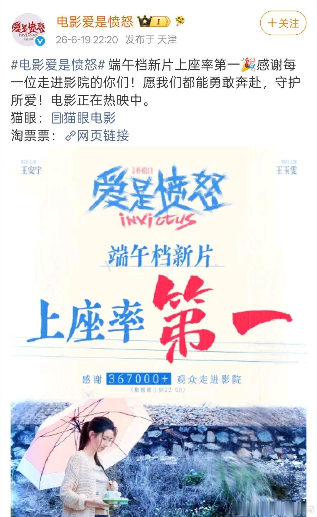 王安宇电影爱是愤怒端午档新片上座率第一🥳🥳 