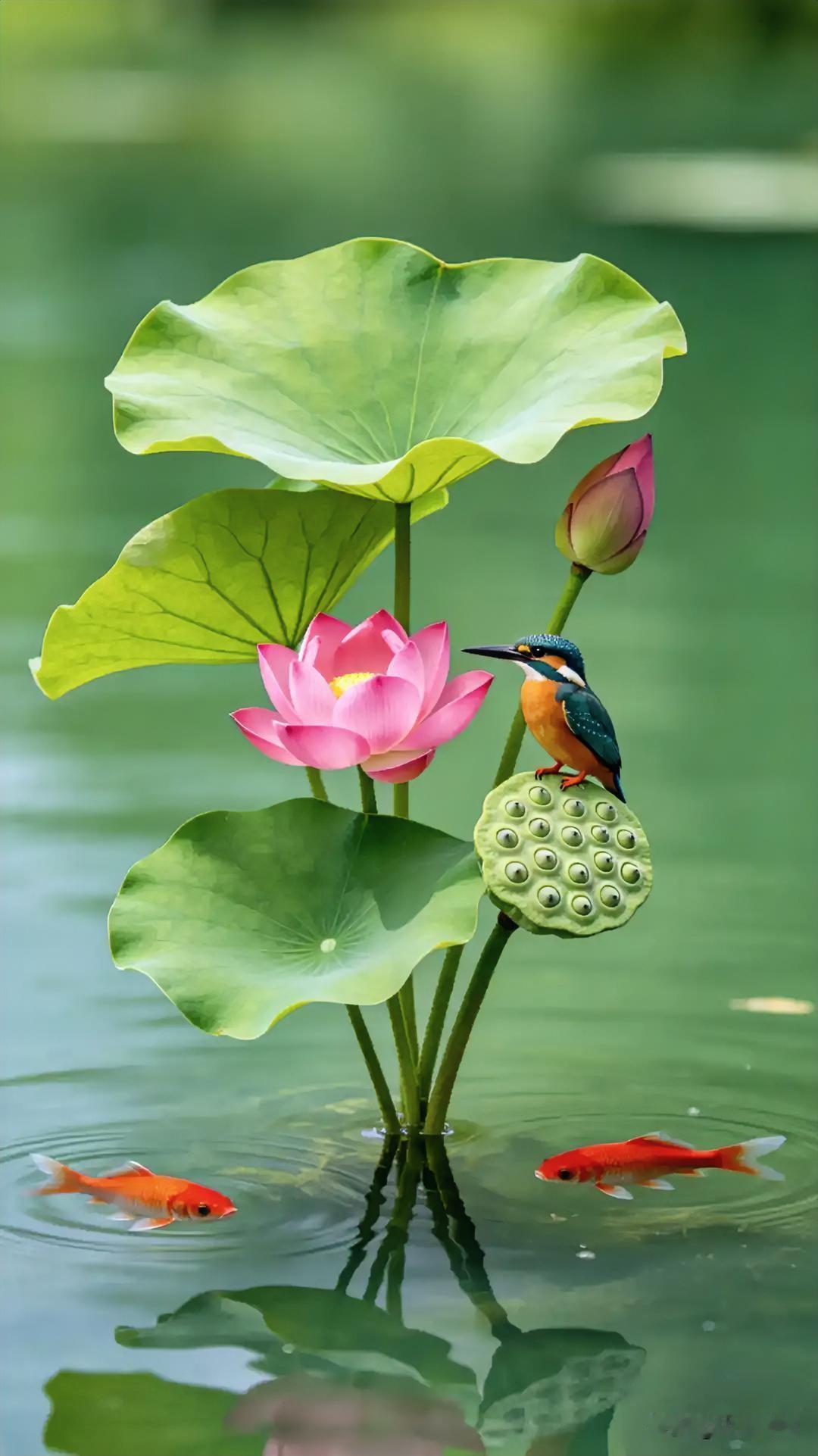莲花含笑水中央，翠鸟翩翩舞碧空。