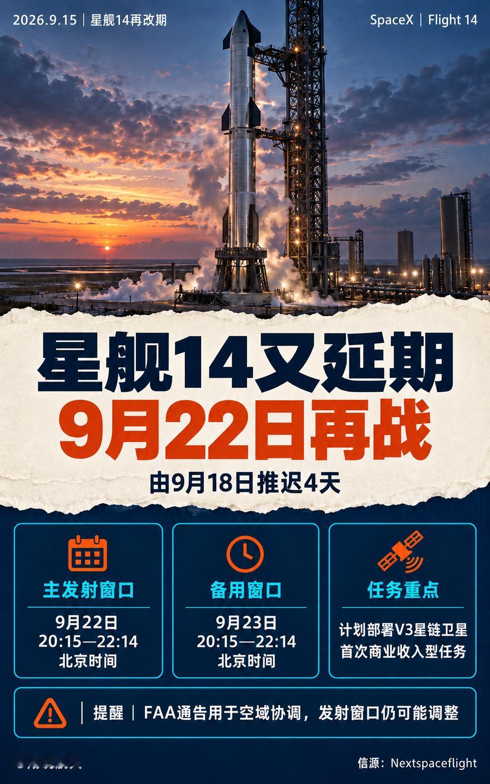 SpaceX星舰第14次飞行测试再次调整，最新排期为不早于9月22日，北京时间主