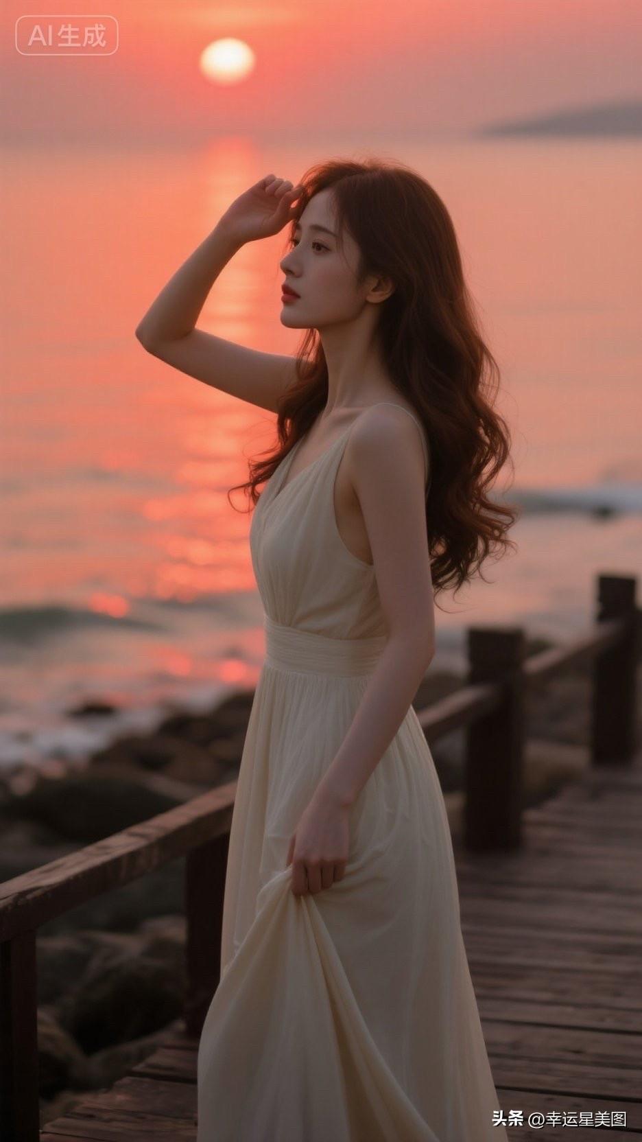 夕阳下的海边漫步，裙摆随风飘扬，浪漫而自由。