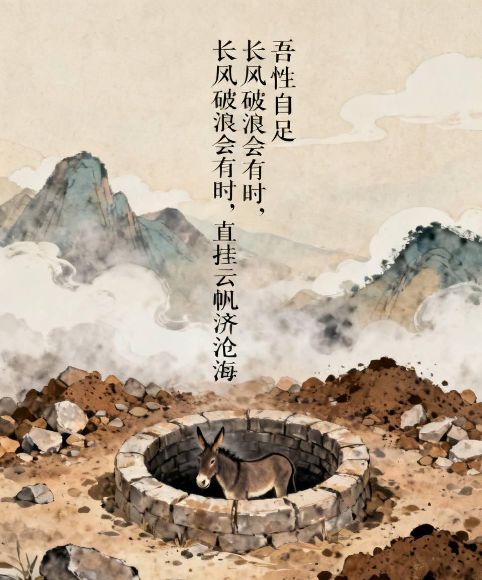 《枯井登高》
驴子坠入枯井，众人无奈填土掩埋。泥土落下，驴子却奋力抖落并踩在脚下