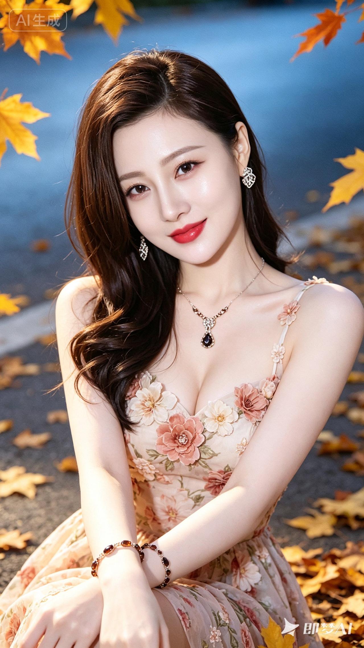 秋日暖阳下的甜美少女，落叶纷飞中绽放迷人微笑。