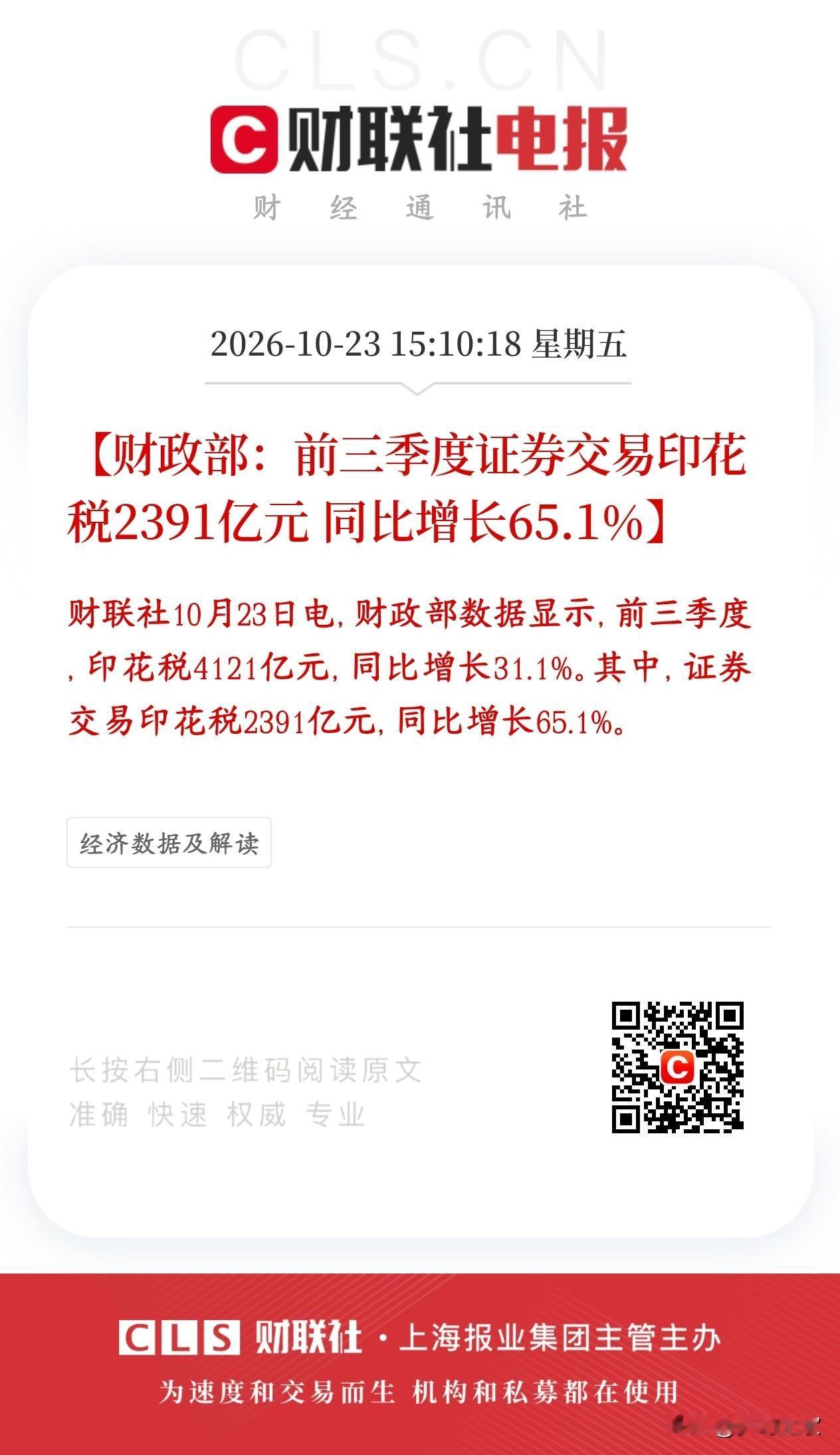 证券印花税又增涨了，说明A股交易还是很活跃的么
前三季度一共收的证券交易印花税是