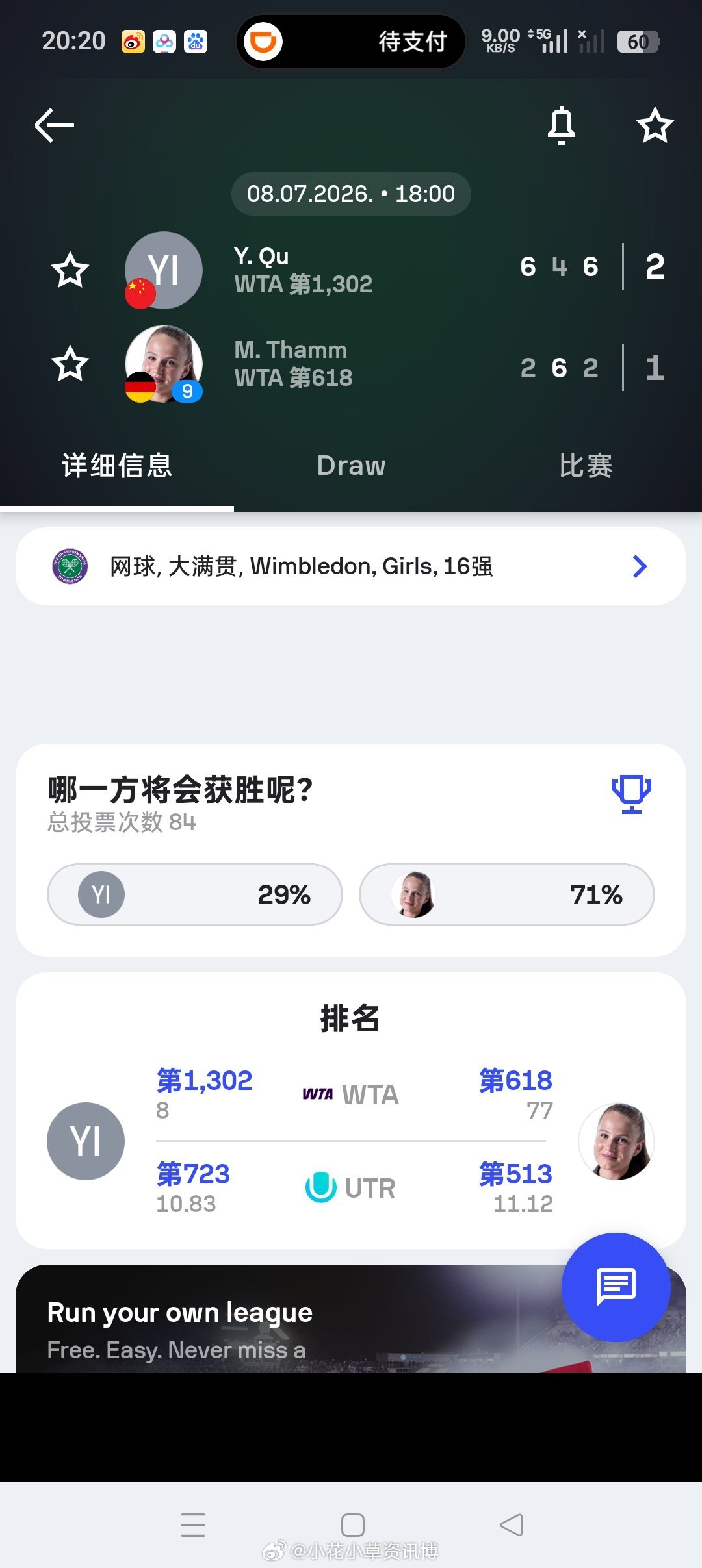 小花小草资讯  【温网2026】女单青少年第三轮:渠依含6-24-66-2击败9