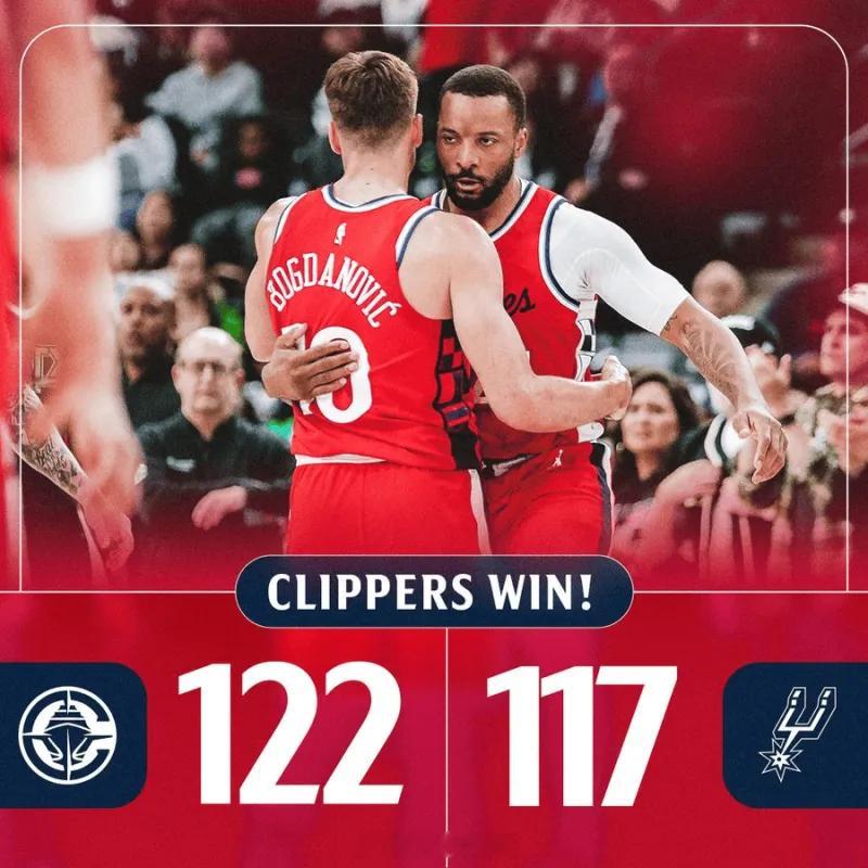 04月09日 NBA常规赛快船主场对阵马刺的全场比赛已结束，最终快船122-11