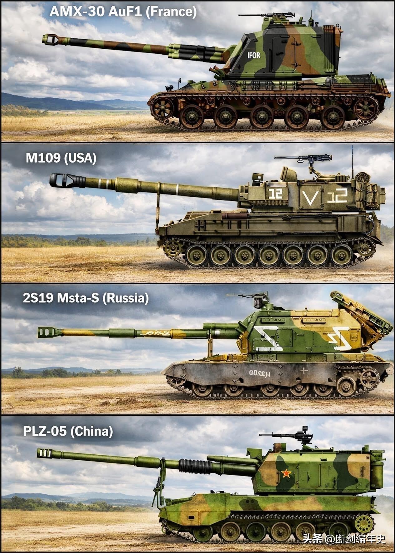 四款经典自行榴弹炮。法国AMX-30 AuF1基于AMX-30坦克底盘，是冷战后