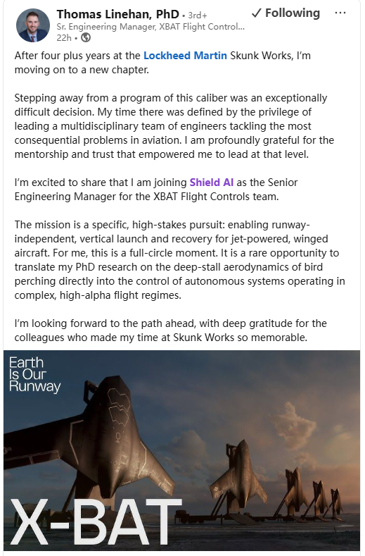 Shield AI把臭鼬工厂负责飞控的负责人挖过来搞那个垂直起降的X-BAT的飞