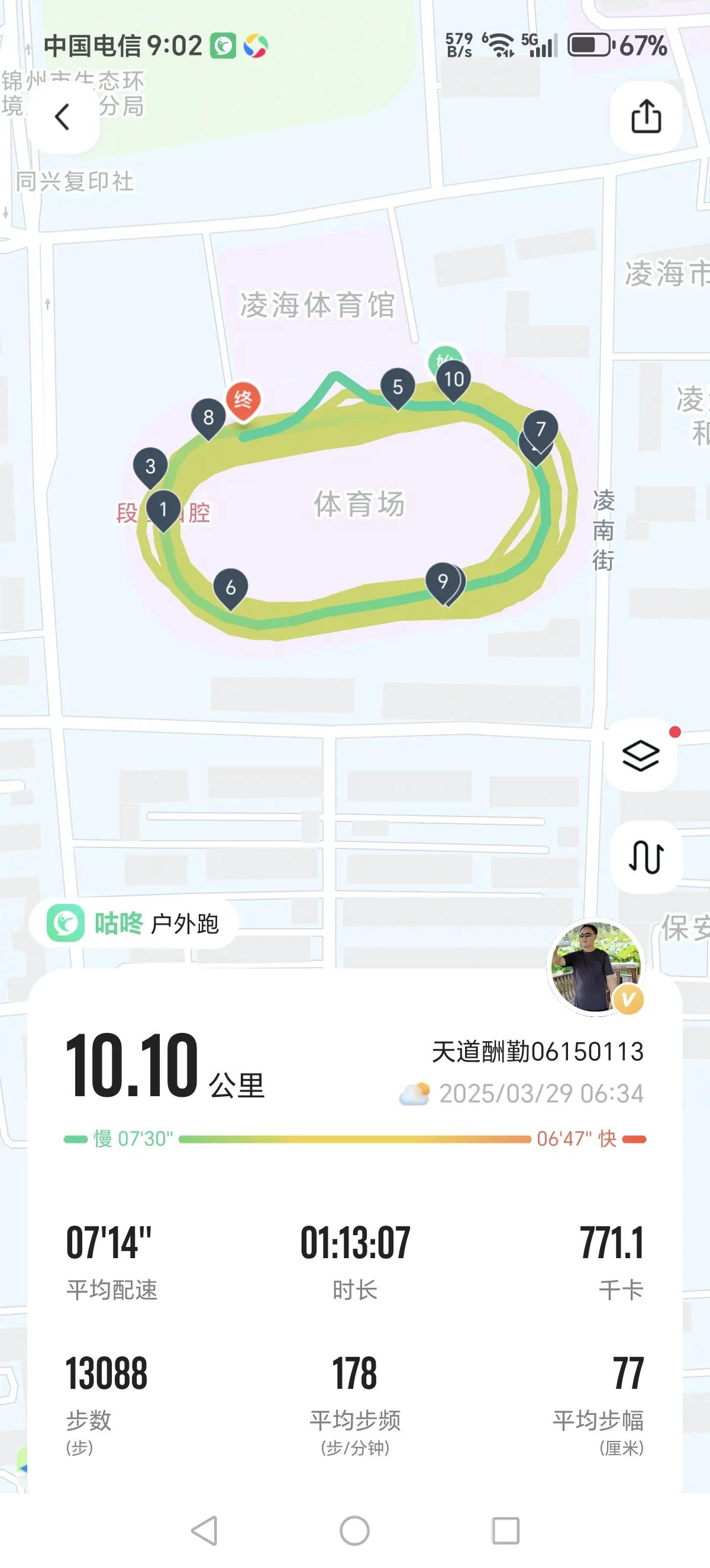 3月29日晨跑打卡10.10公里，十全十美。
今天早上气温零下4°，体感温度零下