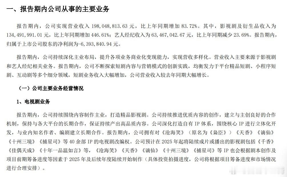 欢瑞世纪发布半年度业绩报告了1、艺人经纪收入约6300万，同比减少23.69%2