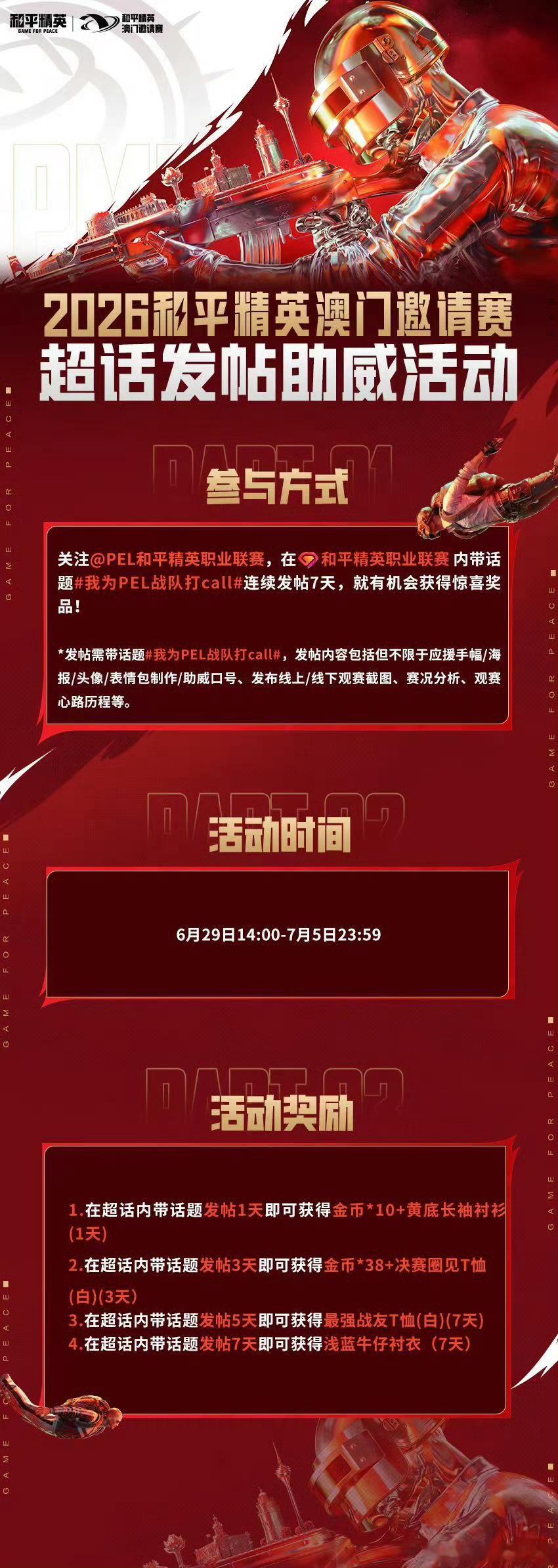 2026和平精英澳门邀请赛超话发帖助威活动已开启。6月29日14:00至7月5日