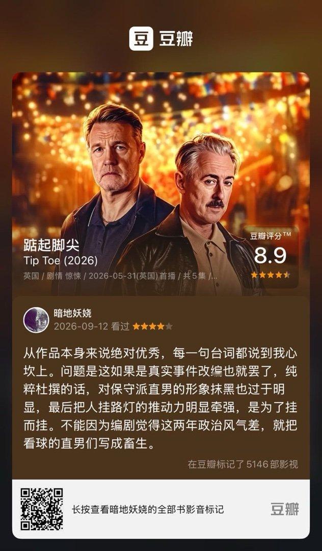 看过电视《踮起脚尖》，我的评分：★★★★☆ 从作品本身来说绝对优秀，每一句台词都