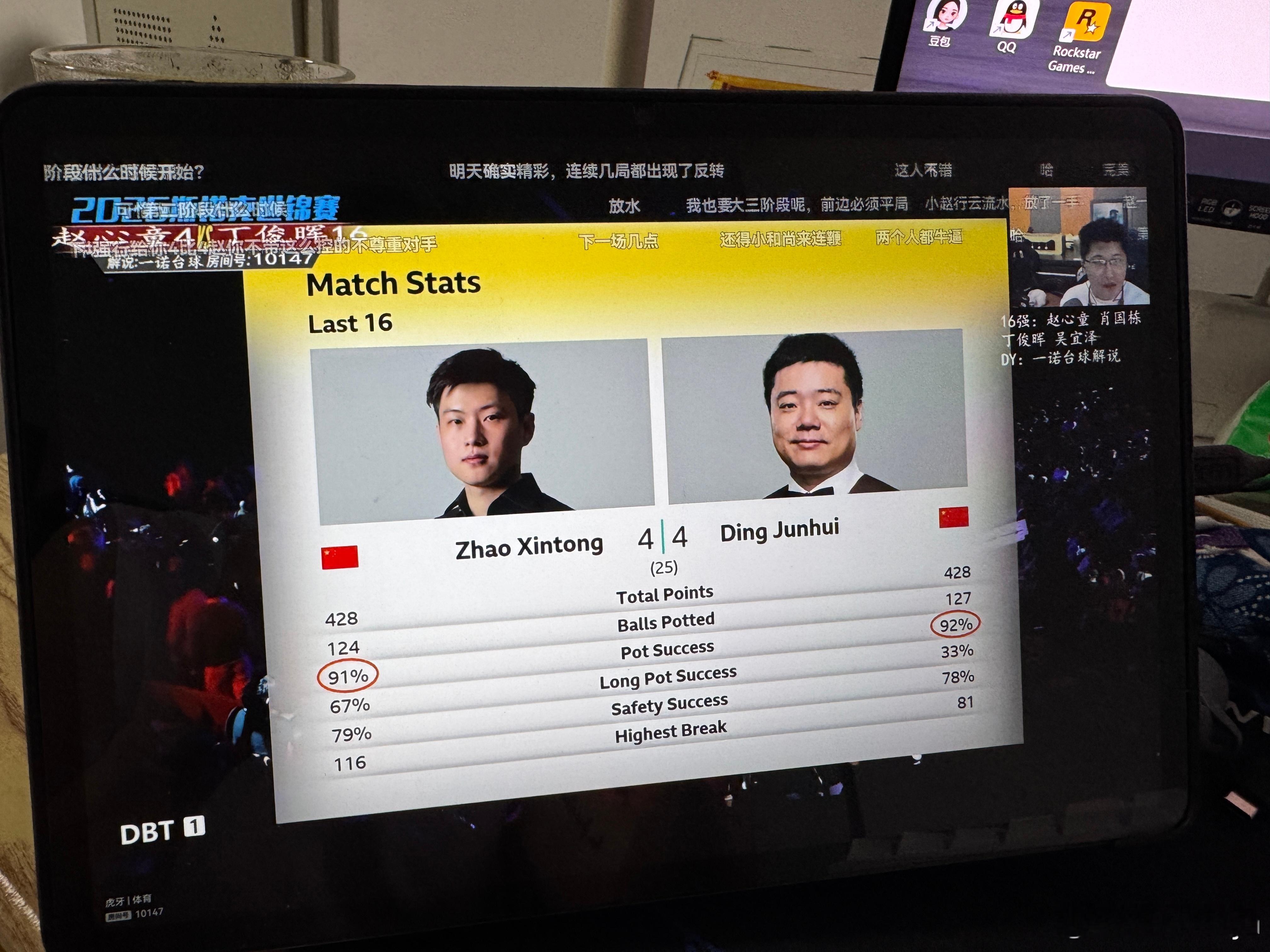 第一阶段结束，4:4哈哈，总得分竟然一模一样428分，8局是真没看够2026斯诺