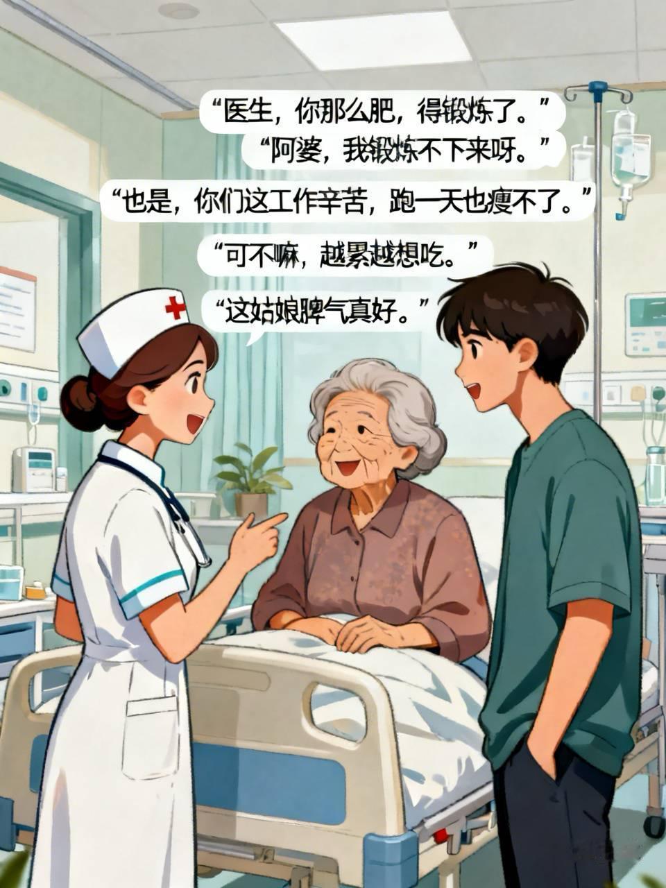 今天护士来病房给妈打针，护士小姐姐刚弯腰，我妈突然来一句：“医生，你那么肥，得锻