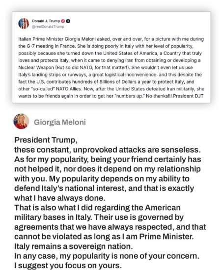 意大利总理梅洛尼对美国总统特朗普于今天发表的言论进行回应：
“特朗普总统，这些持