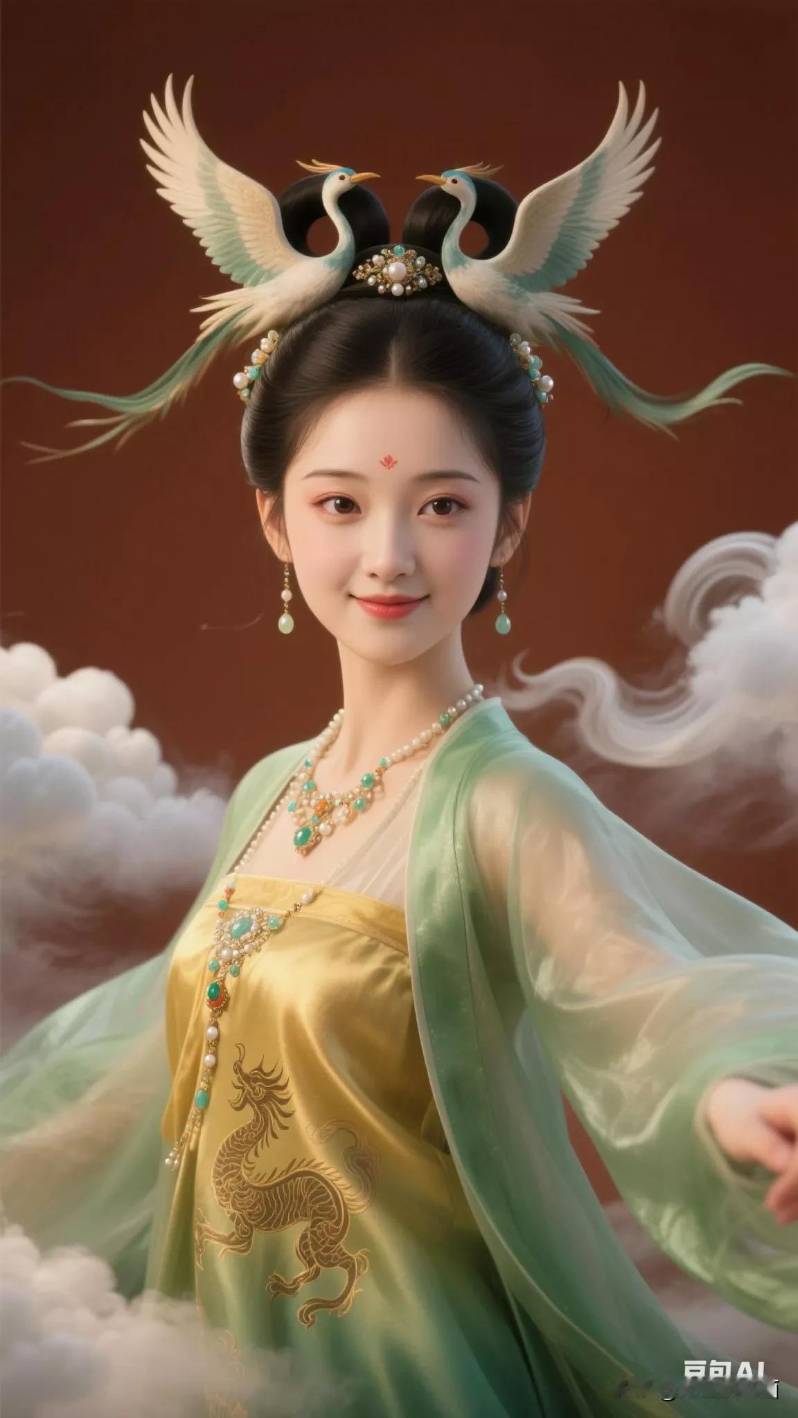 仙气飘飘的古典美人，云雾缭绕间，宛如天宫仙子。张立启原创书画AI作品首发古侍女发