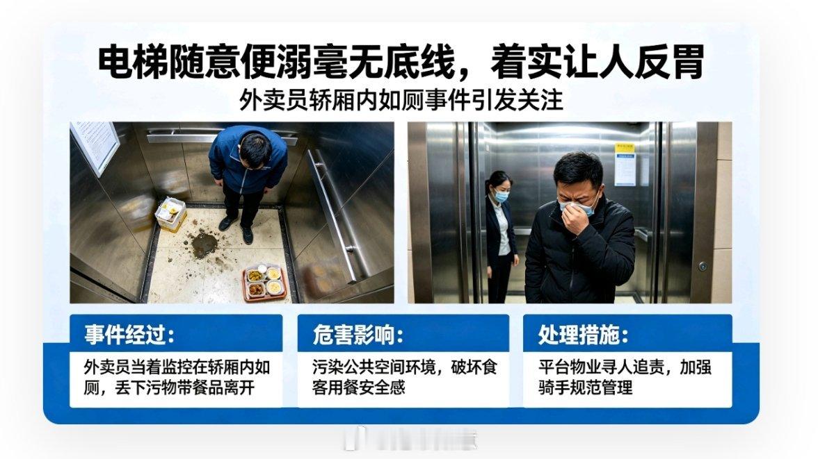 外卖员送餐途中在电梯大便被拍下电梯随意便溺毫无底线，着实让人反胃】外卖员当着监控