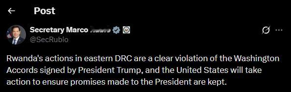 🐖 古巴仔发文称，卢旺达在刚果（金）东部的行动明显违反了特朗普签署的《华盛顿协