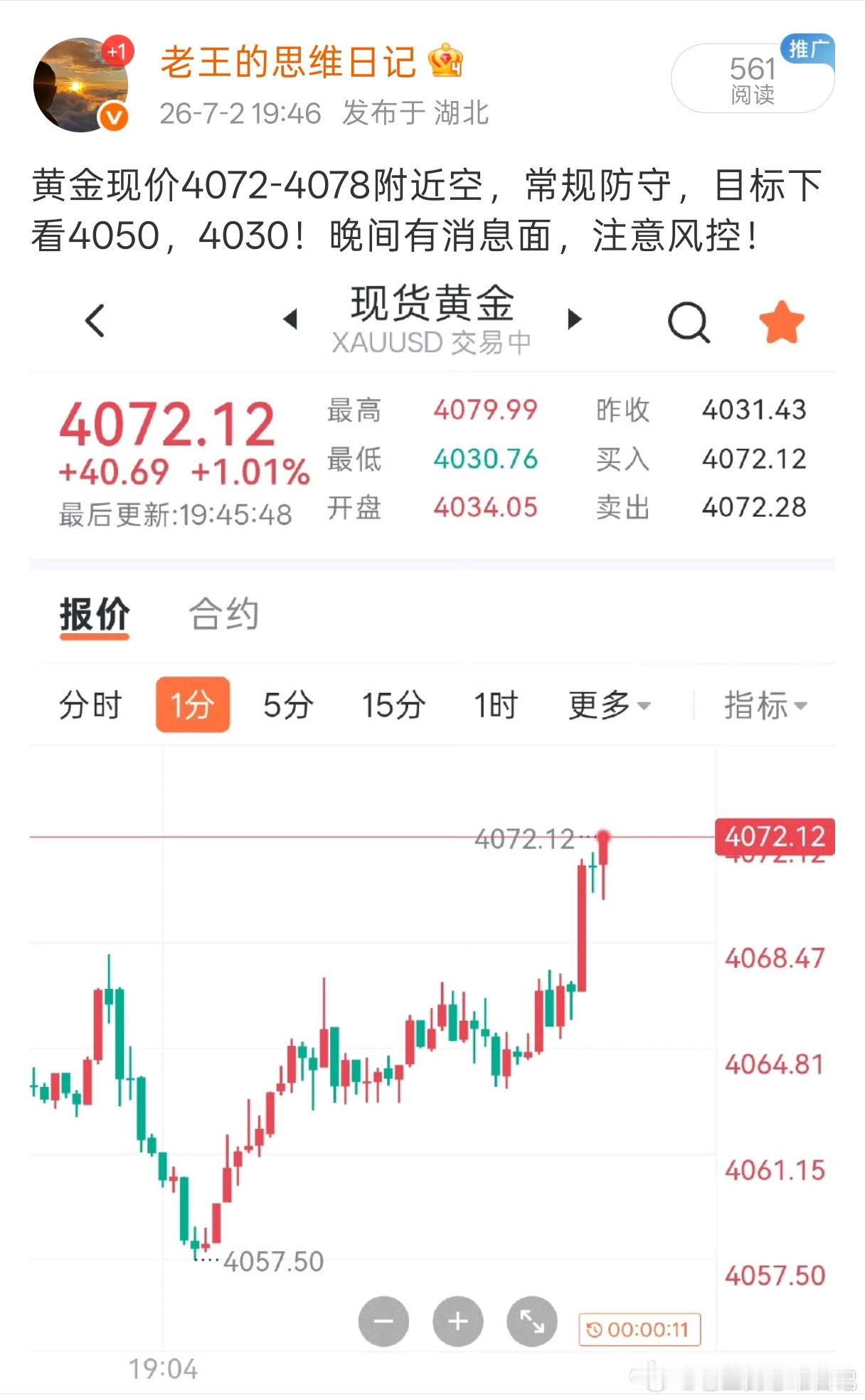 现价4072的空，现价4063附近，已有10点空间，场外朋友自行把握离场时机，静
