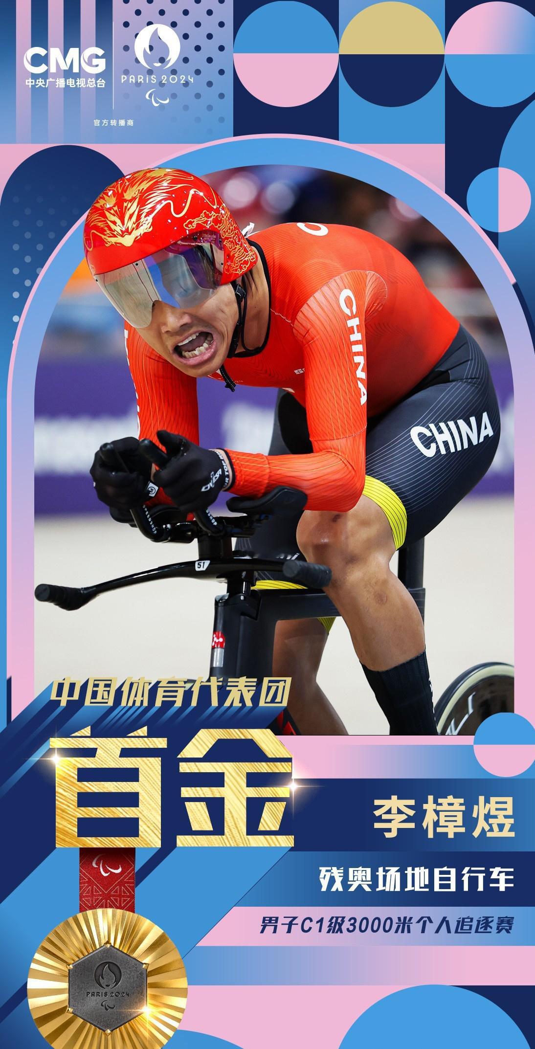 #中国队残奥首金#巴黎残奥会中国代表团首金！场地自行车男子C1级李樟煜夺金北京时
