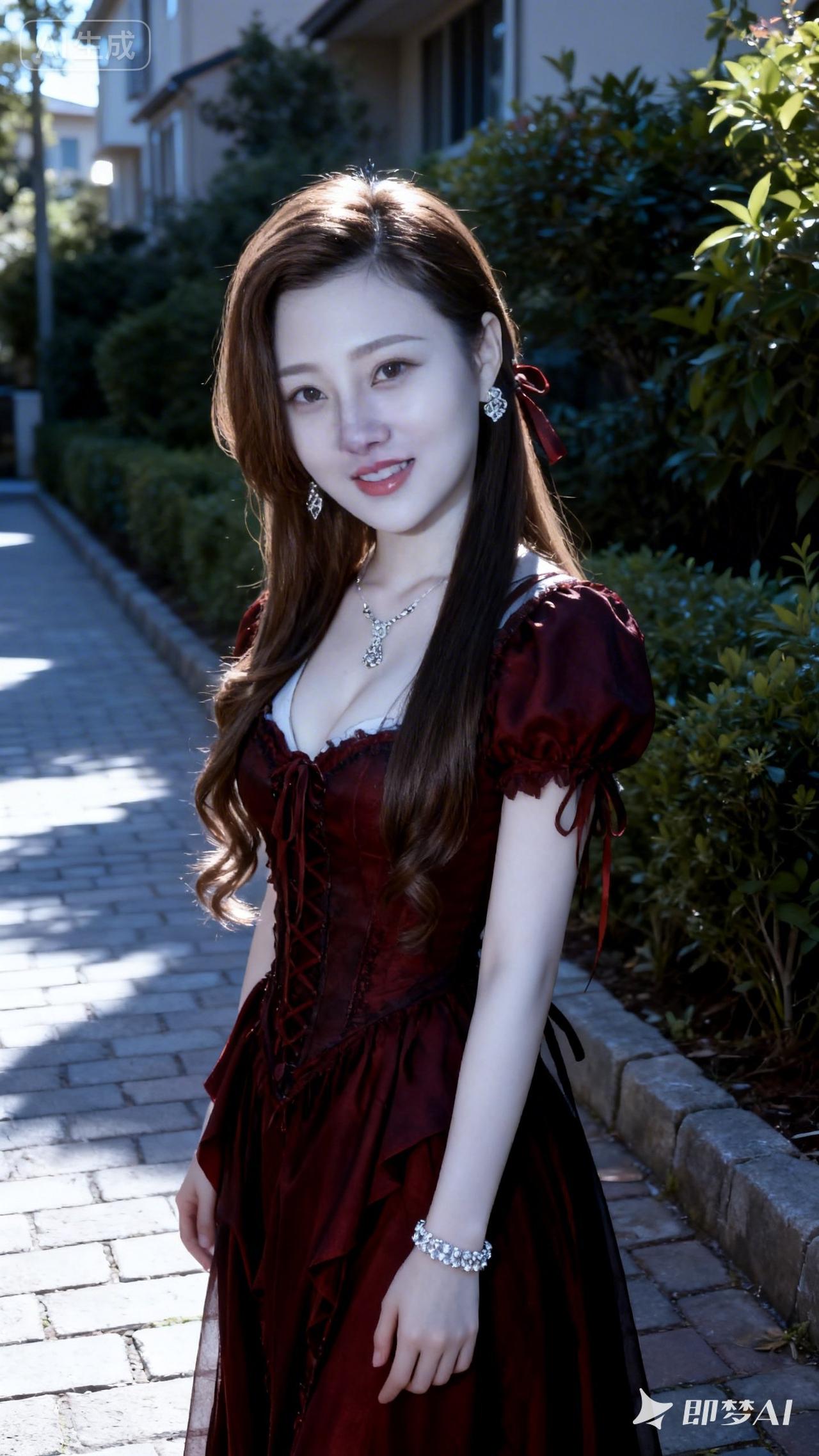 优雅红裙，甜美微笑，漫步在绿意盎然的庭院中。