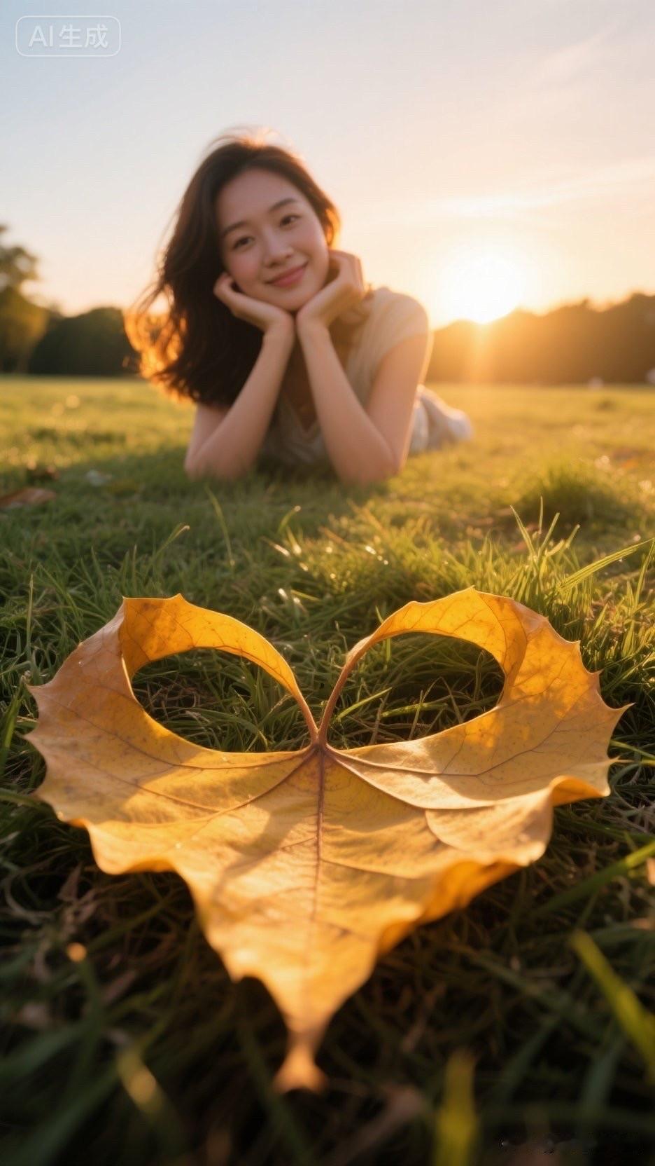 秋日暖阳下，少女与落叶相拥，心心相印。🍂💕