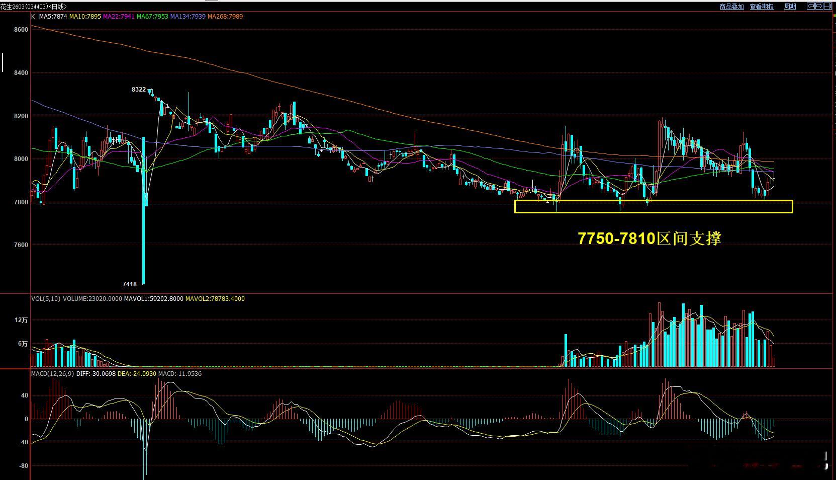 花生  7750-7810区间支撑 形成反弹后 短线早盘测试半年线压力。短期上方