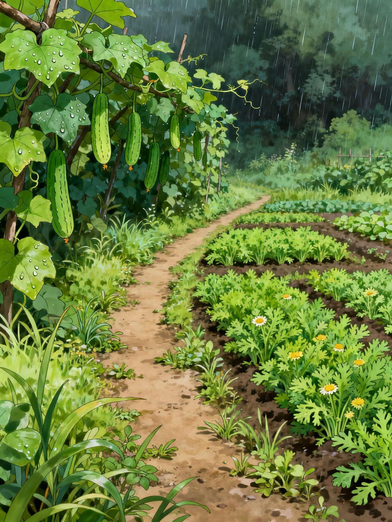 雨中的乡村，泥土的气息扑面而来。

丝瓜垂在竹架上，雨珠顺着番茄红透的果皮滚进叶