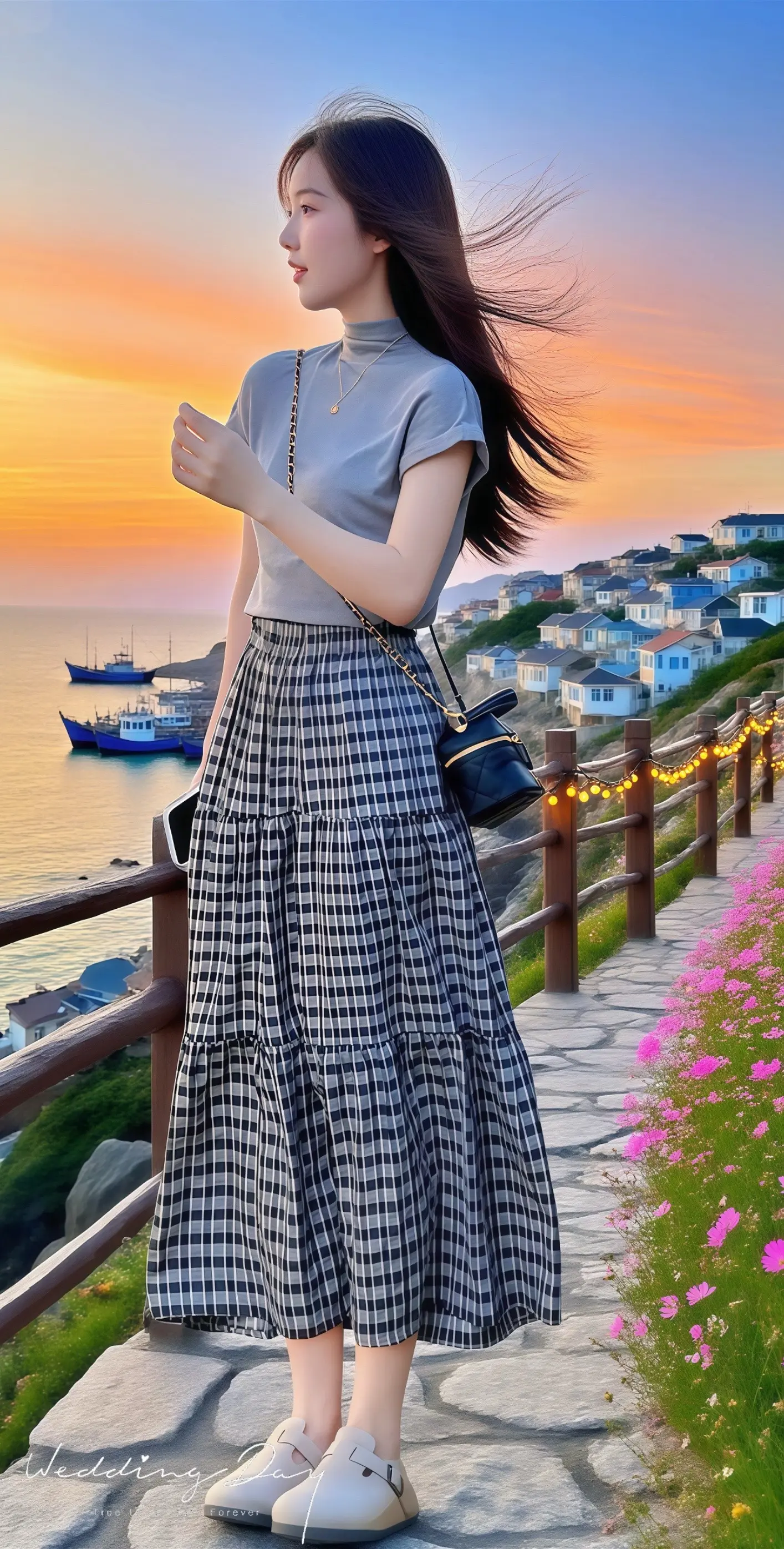 海边日落与灰调格裙的浪漫。海风卷着橙粉晚霞，我站在渔村栈道，裙摆被风轻...