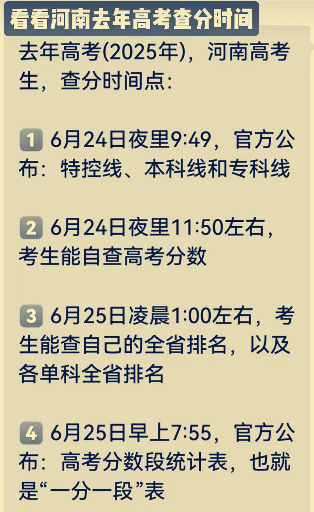 河南考生速看！
2025年河南省高考查分时间线
 
河南的高考生和家长们，可以参