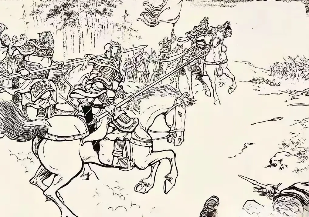 手提首级。此图中一员大将横刀立马，一只手中还提着一颗首级，杀气腾腾威风...