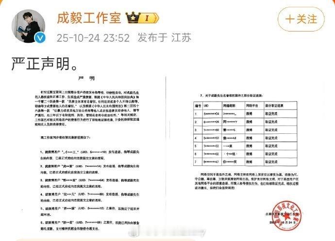 成毅工作室发布维权公告，将维权进行到底！ ​​​
