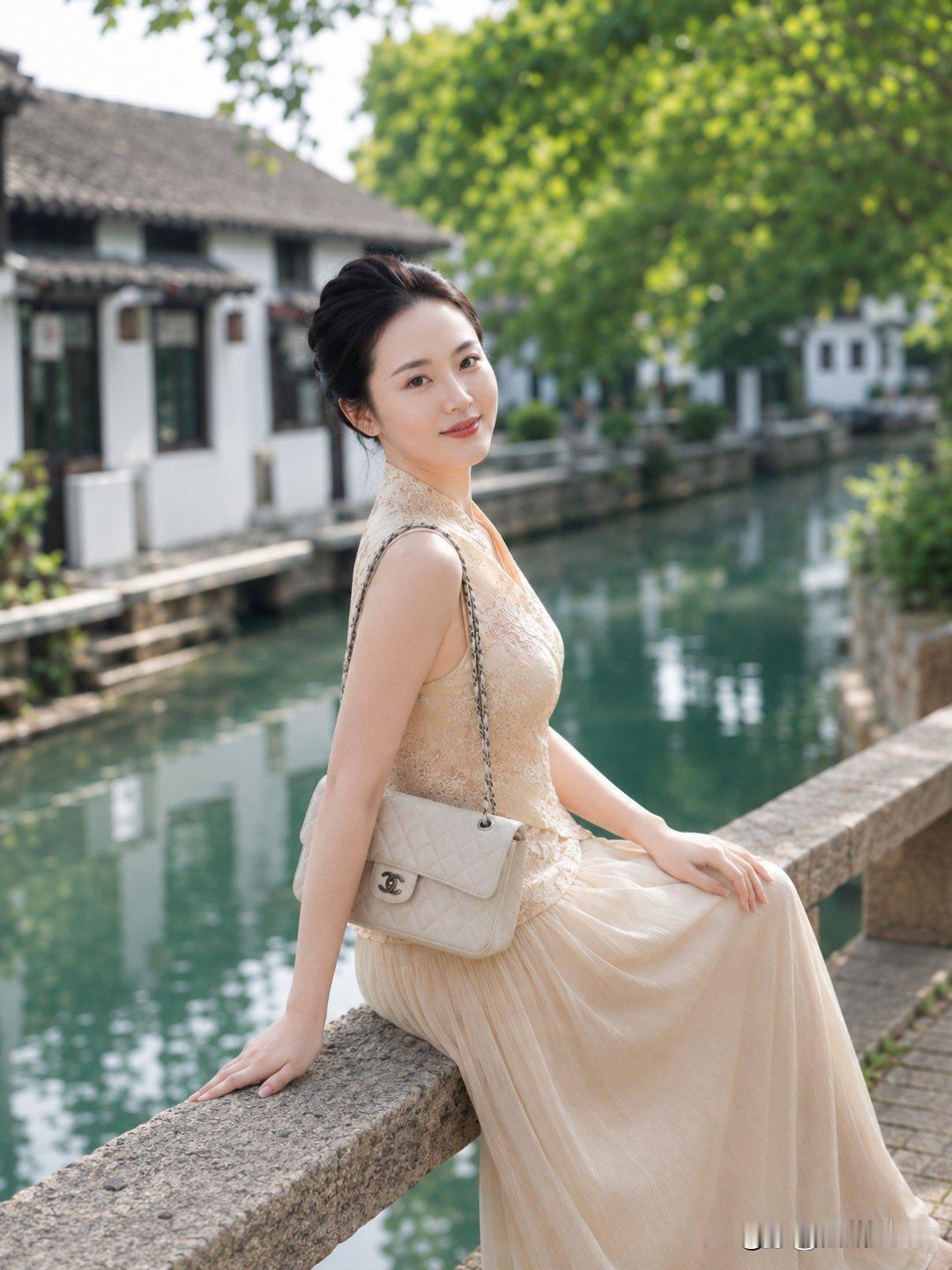 在古色古香的桥上，她笑靥如花，宛如一幅水墨画。