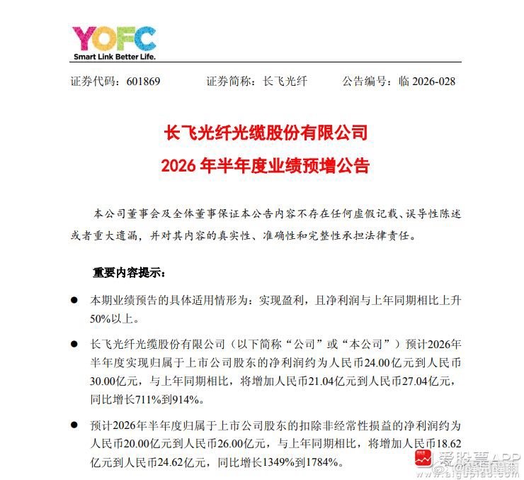 【多只AI大牛股公布上半年业绩预报 长飞光纤净利预增711%-914% 利通电子