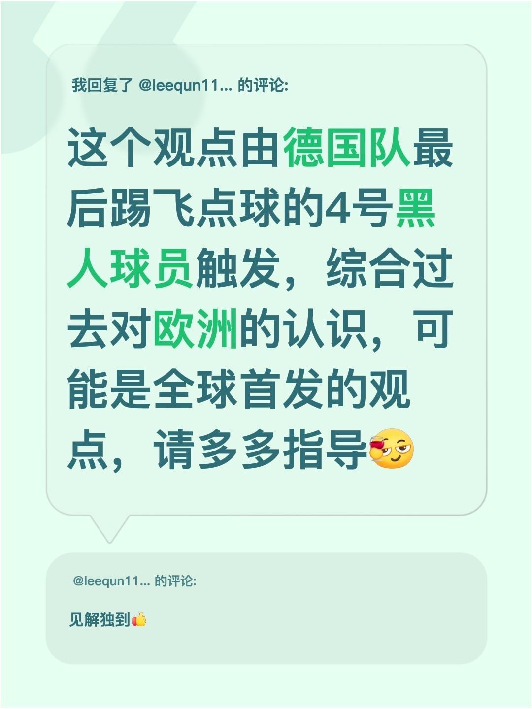 我回复了@leequn1111 的评论：
这个观点由德国队最后踢飞点球的4号黑人