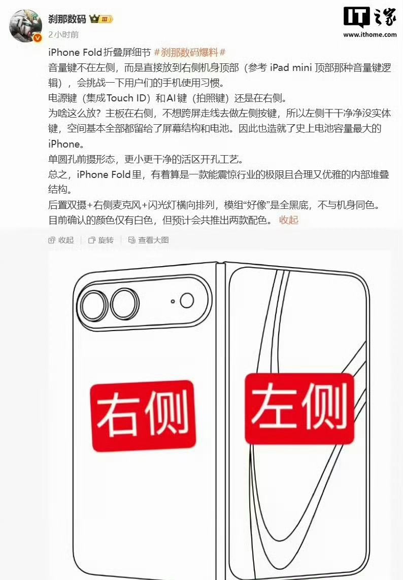 iPhoneFold细节曝光外观大概率就像最近爆料出来的这样，细节方面音量键会在