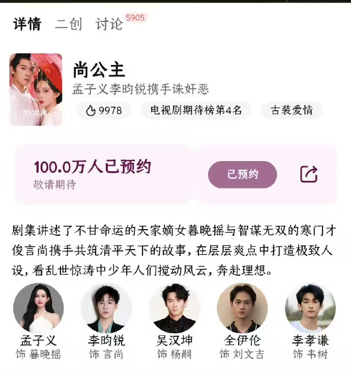 尚公主预约已破百万孟子义李昀锐尚公主破百万预约 尚公主预约已破百万，咱就说孟子义