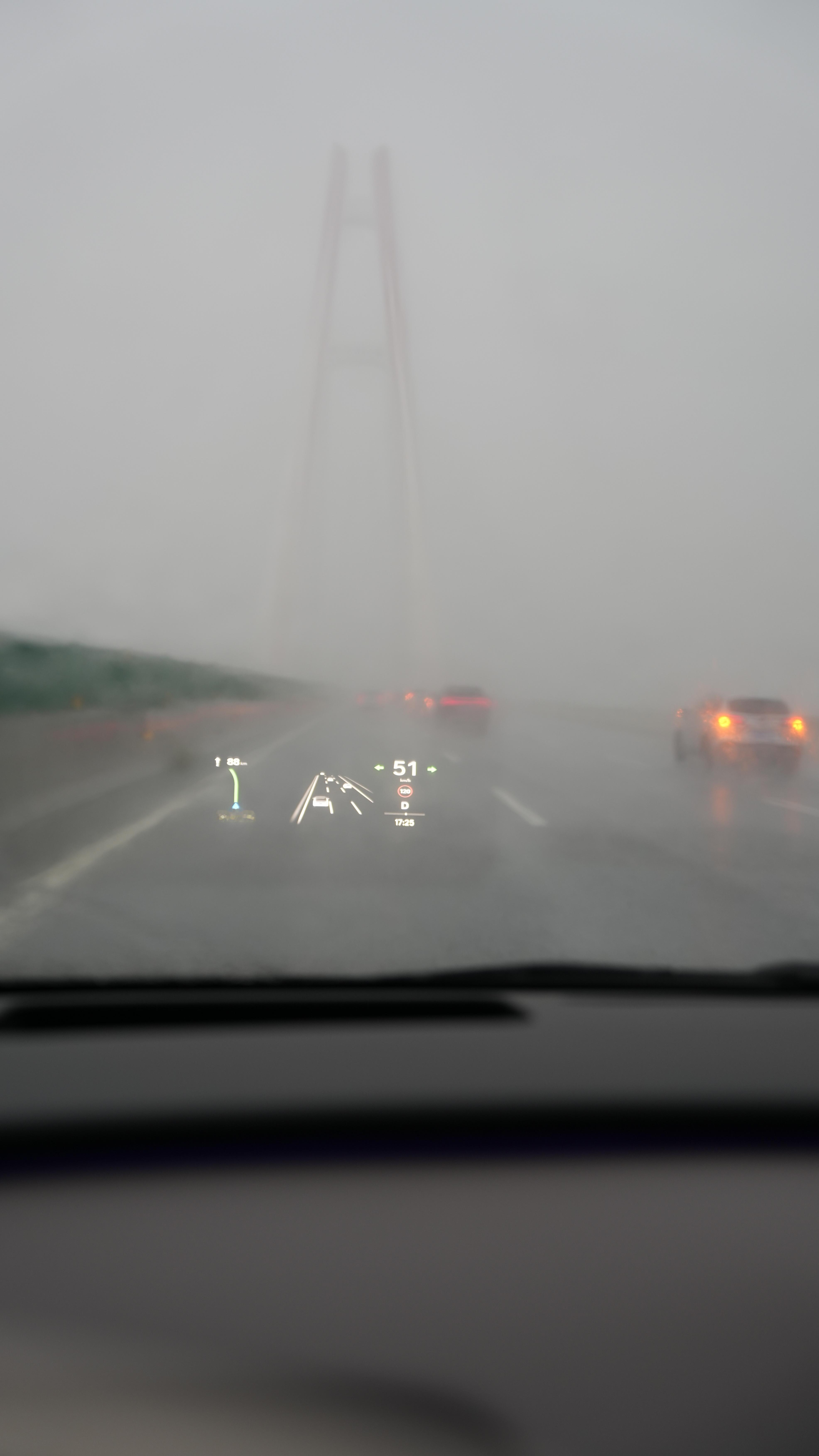 前面大暴雨，啥也看不着，时速要很低，双闪磨磨叽叽的走，但独立摄像头的流媒体后视镜