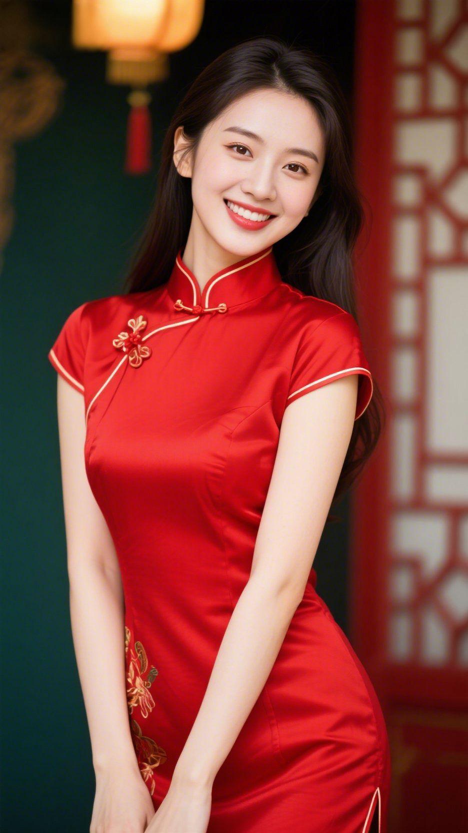 《红裙栖于古意间》
 
灯笼暖光漫过窗棂时，她立在庭中，似将岁时的暖意织入衣间。